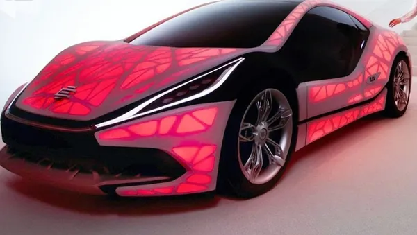 Auto deportivo concepto con paneles de carrocería iluminados, ejemplo de partes automotrices hechas con impresión 3D