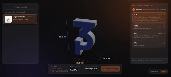 Cotizador con visor 3D de la pieza y panel derecho para elegir material: PLA, PETG, ABS o TPU