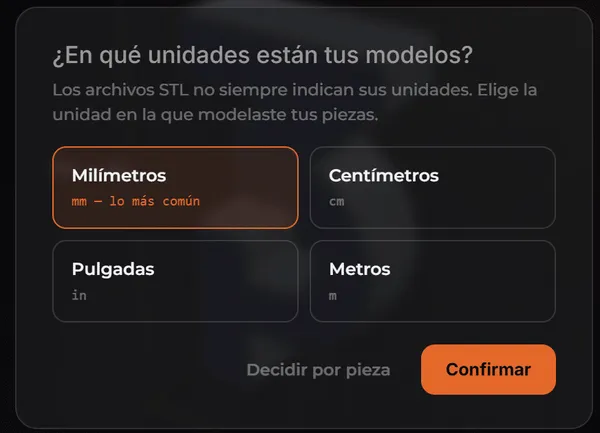 Ventana del cotizador para elegir las unidades del modelo STL: milímetros, centímetros, pulgadas o metros