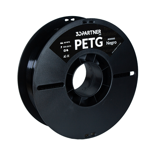 Carrete de filamento PETG negro de 3DPartner con rangos de temperatura de impresión en la etiqueta