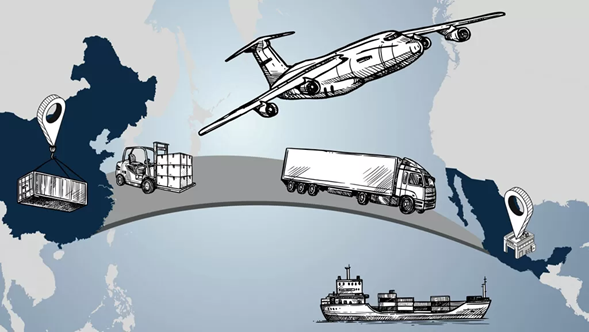 Ilustración de una ruta logística de Asia a México por avión, barco y camión que explica el nearshoring