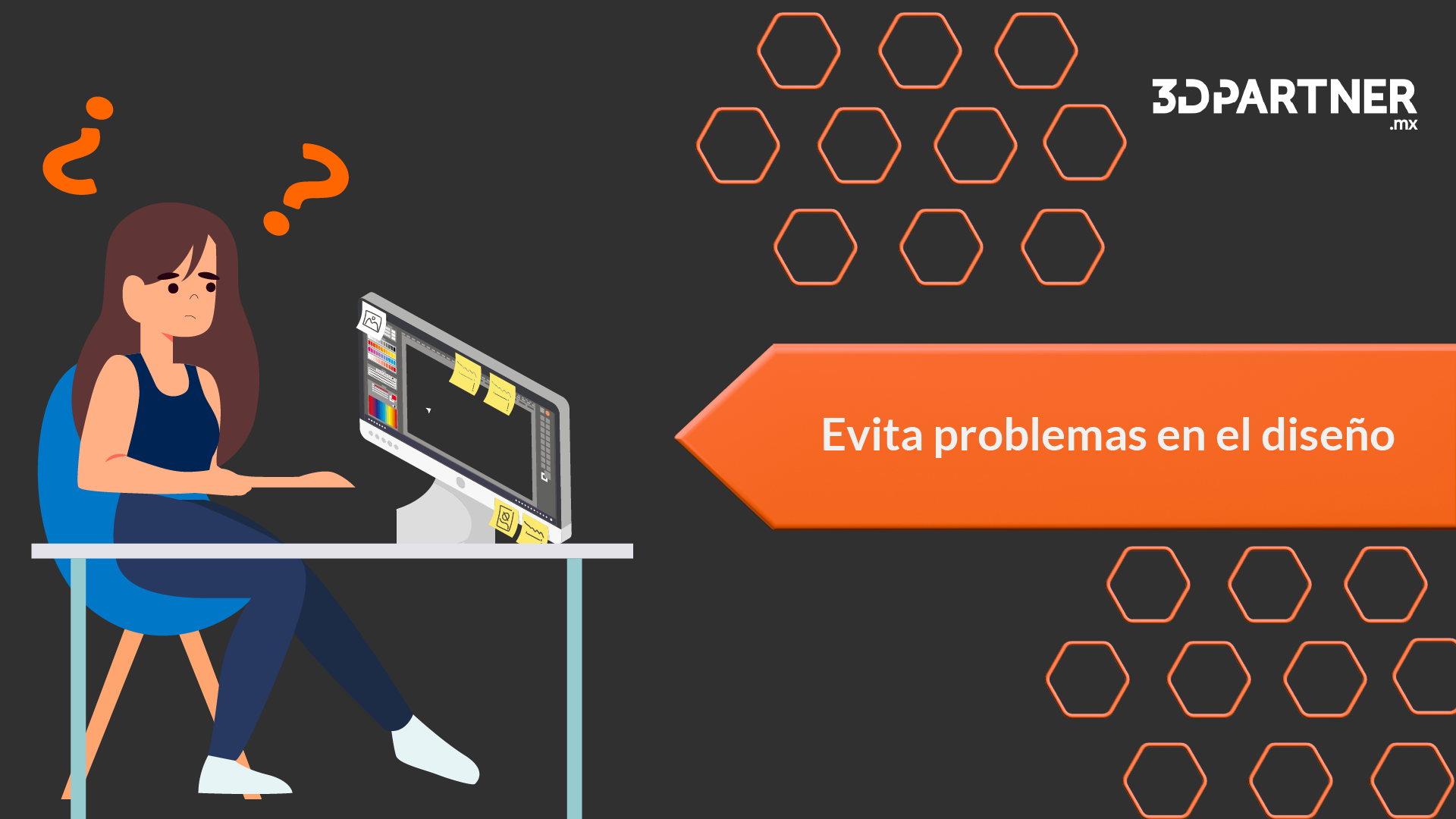 Ilustración de una diseñadora confundida frente a su computadora con el texto Evita problemas en el diseño