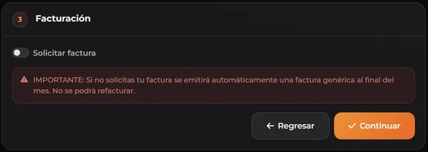Paso de facturación con el interruptor Solicitar factura y aviso sobre la factura genérica mensual