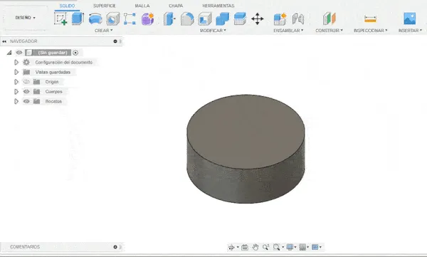 Captura de software CAD con un cilindro sólido obtenido al extruir un boceto circular