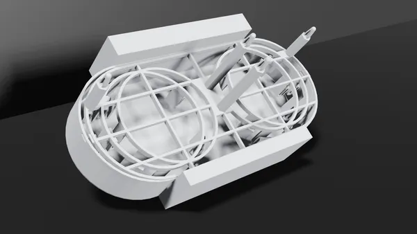 Render de la pieza con estructura de jaula y puntas delgadas que debían salir rígidas