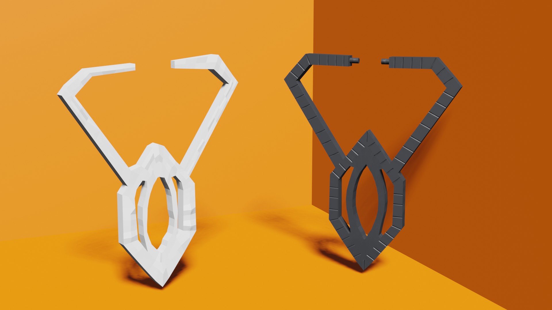 Dos piezas renderizadas del mismo modelo, una blanca y otra gris, sobre fondo naranja
