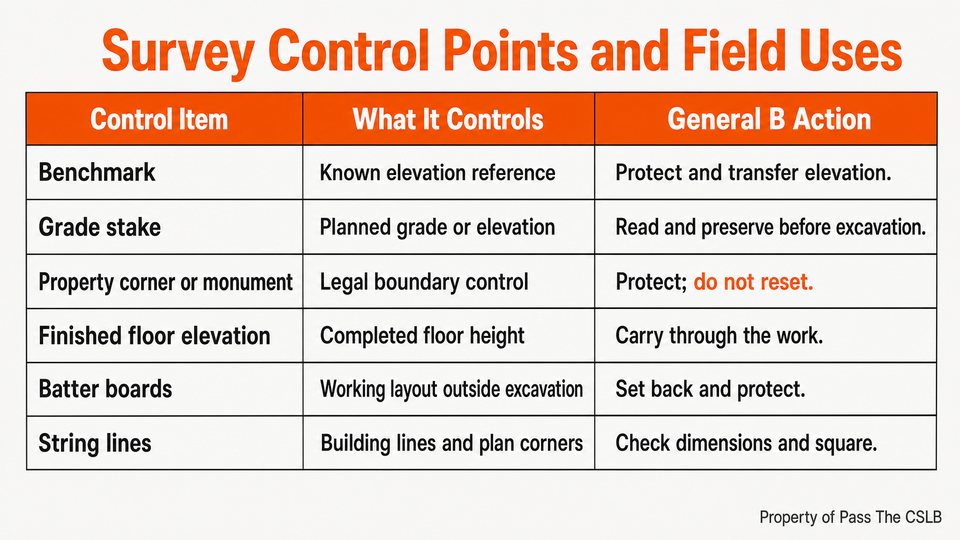 Survey Control Points and Field Uses. A flat 16:9 reference table defining six common site-control items and the General Building contractor's field action for each.