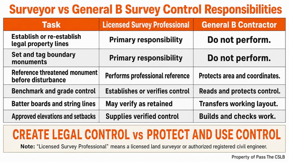 Surveyor vs General B Survey Control Responsibilities. A flat 16:9 comparison table that separates legal survey-control work from General Building contractor field use.
