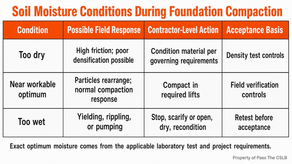 Soil Moisture Conditions During Foundation Compaction. A three-row comparison table showing contractor-level recognition of soil moisture conditions during compaction.