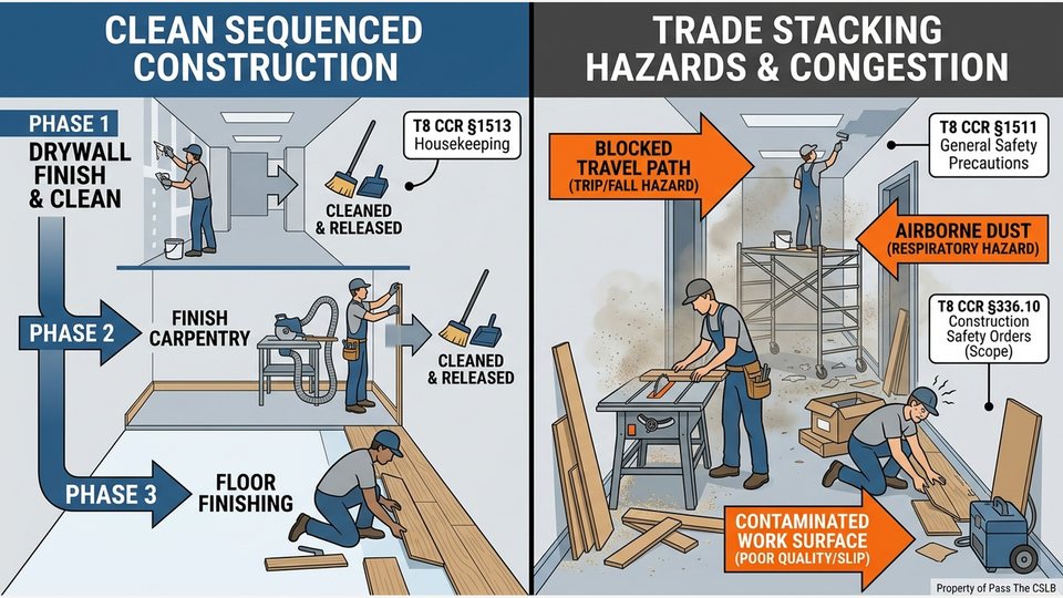Trade Stacking Hazards and Proper Sequencing California B Exam. Visual study chart for Critical Path Sequencing and Preventing Trade Stacking in the Pass The CSLB audio lesson.