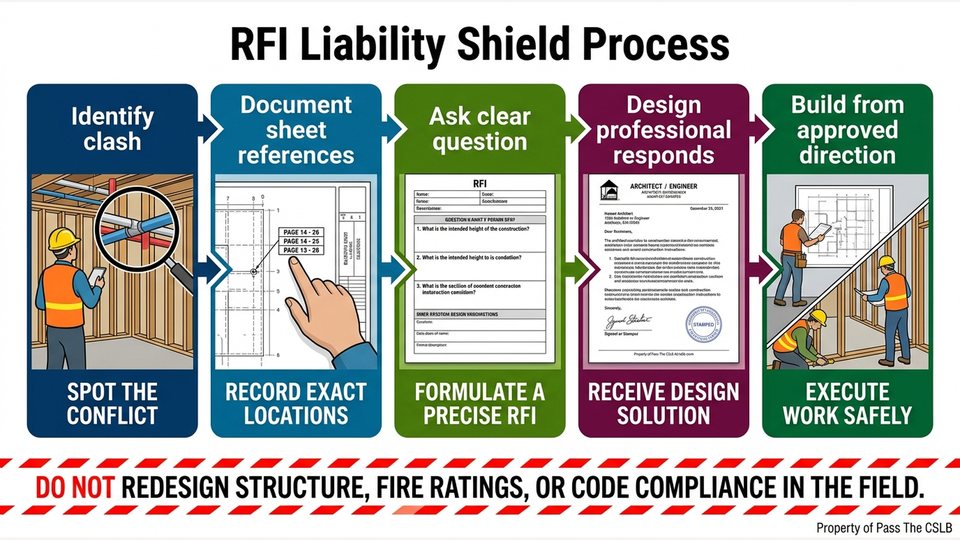 RFI Liability Shield Process - California B Exam. Visual study chart for Cross-Checking Architectural, Structural, and MEP Sheets in the Pass The CSLB audio lesson.
