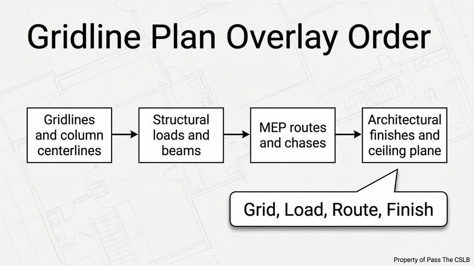 Gridline Plan Overlay Order - California B License Exam. Visual study chart for Cross-Checking Architectural, Structural, and MEP Sheets in the Pass The CSLB audio lesson.