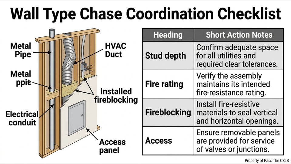 Wall Type Chase Coordination Checklist - California B Exam. Visual study chart for Cross-Checking Architectural, Structural, and MEP Sheets in the Pass The CSLB audio lesson.