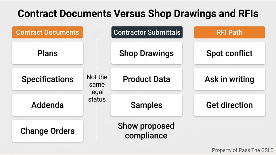 Contract Documents Versus Shop Drawings and RFIs. Visual study chart for Decoding the Document Hierarchy: Specifications, Plans, Addenda, RFIs, and Shop Drawings in the Pass The CSLB audio lesson.