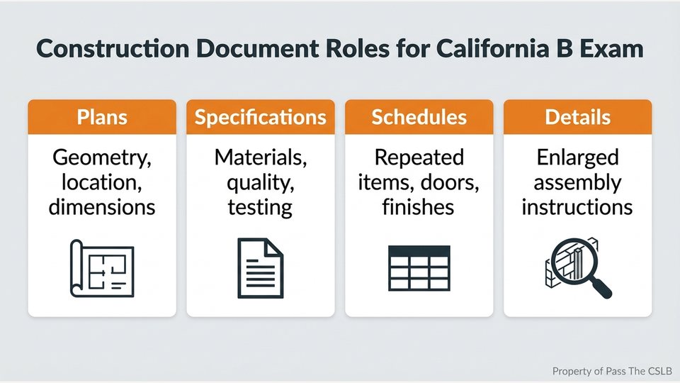 Construction Document Roles for California B Exam. Visual study chart for Decoding the Document Hierarchy: Specifications, Plans, Addenda, RFIs, and Shop Drawings in the Pass The CSLB audio lesson.