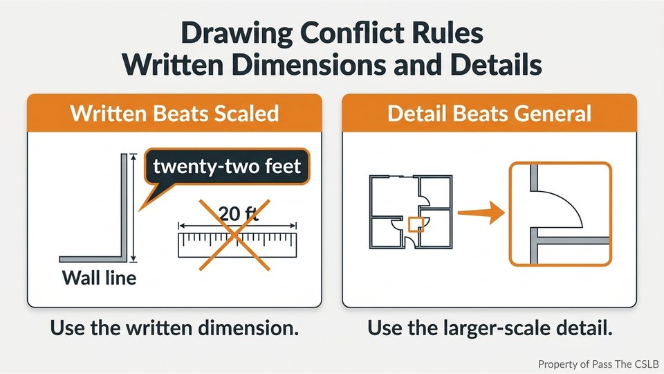 Drawing Conflict Rules Written Dimensions and Details. Visual study chart for Decoding the Document Hierarchy: Specifications, Plans, Addenda, RFIs, and Shop Drawings in the Pass The CSLB audio lesson.