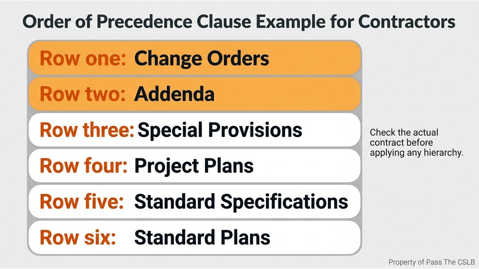 Order of Precedence Clause Example for Contractors. Visual study chart for Decoding the Document Hierarchy: Specifications, Plans, Addenda, RFIs, and Shop Drawings in the Pass The CSLB audio lesson.