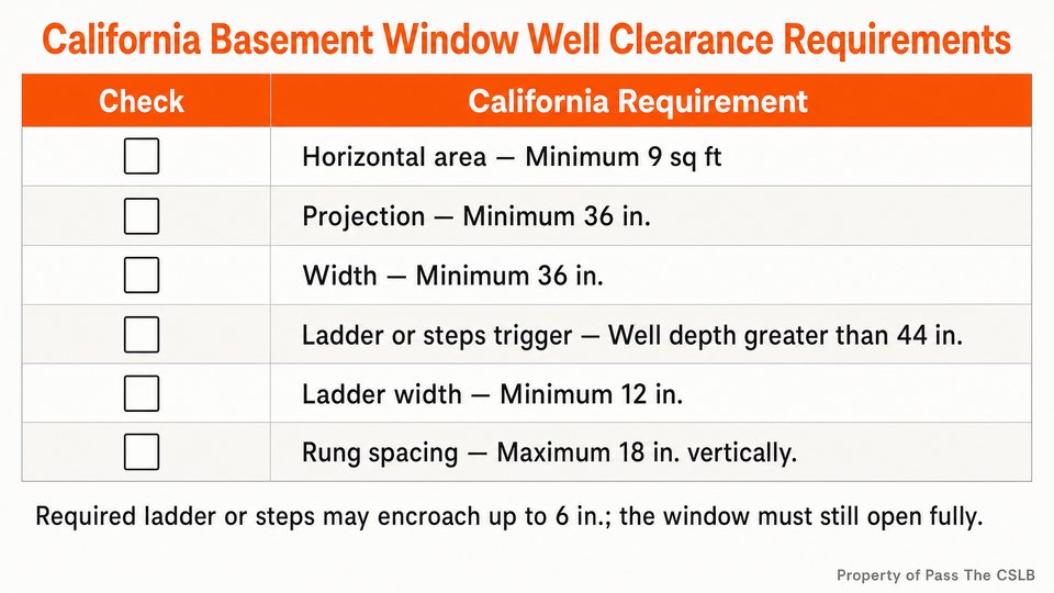 California Basement Window Well Clearance Requirements. A six-row checklist table for below-grade emergency escape openings. Columns are Check and California Requirement.