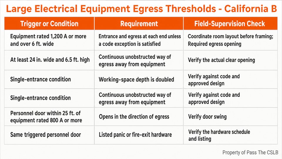 Large Electrical Equipment Egress Thresholds - California B. Visual study chart for Electrical Panel Working Space Clearances in the Pass The CSLB audio lesson.
