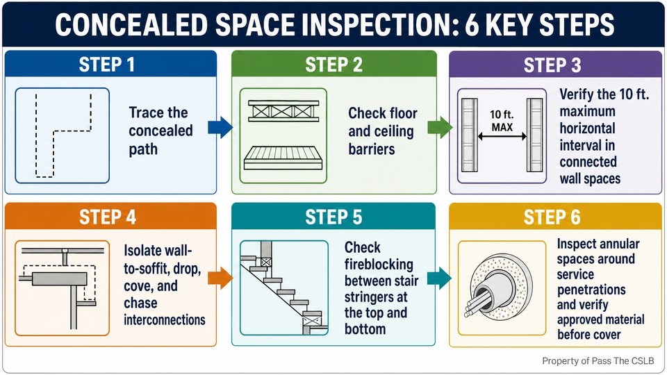 Fireblocking Rough-Framing Inspection Sequence - California B License Exam. Visual study chart for Fireblocking Requirements in Concealed Spaces in the Pass The CSLB audio lesson.