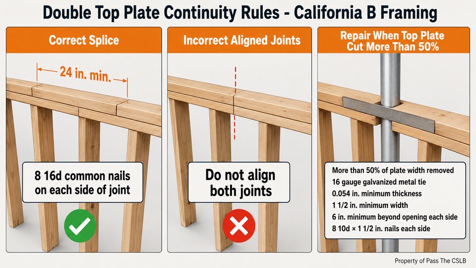 Double Top Plate Continuity Rules - California B Framing. Visual study chart for Headers, Jack Studs, and the Continuous Gravity Path in the Pass The CSLB audio lesson.