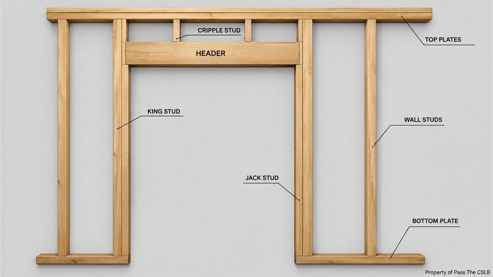 Header Jack Stud Load Path Anatomy - California B Framing. Visual study chart for Headers, Jack Studs, and the Continuous Gravity Path in the Pass The CSLB audio lesson.