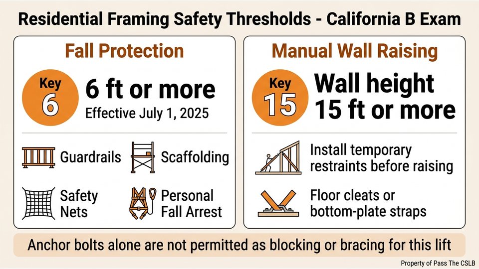 Residential Framing Safety Thresholds - California B Exam. Visual study chart for Headers, Jack Studs, and the Continuous Gravity Path in the Pass The CSLB audio lesson.