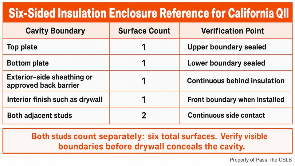 Six-Sided Insulation Enclosure Reference for California QII. A five-row reference table accounting for all six surfaces of a vertical insulated cavity. Columns are Cavity Boundary, Counted Surface, and Verification Point.