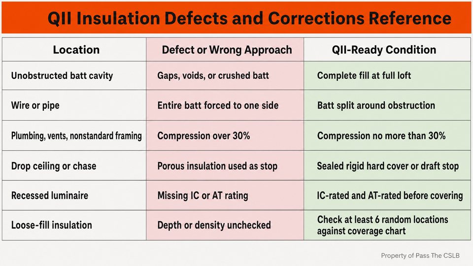 QII Insulation Defects and Corrections Reference. A six-row comparison table for pre-drywall QII field review. Columns are Location, Defect or Wrong Approach, and QII-Ready Condition.