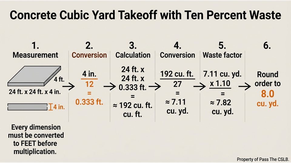 Concrete Cubic Yard Takeoff with Ten Percent Waste. Visual study chart for Quantity Takeoffs and Material Waste Factors in the Pass The CSLB audio lesson.