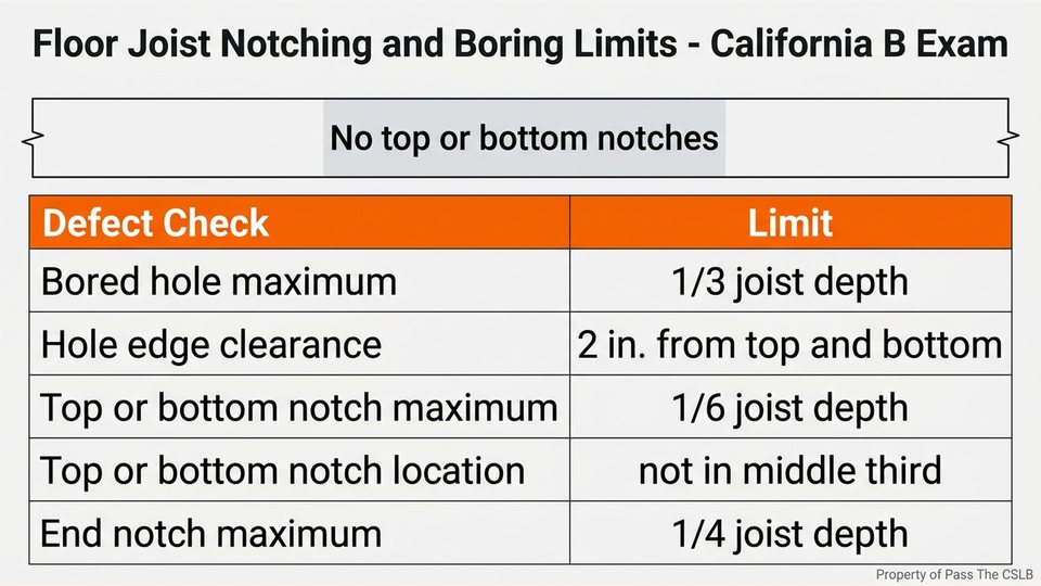 Floor Joist Notching and Boring Limits - California B Exam. Visual study chart for Recognizing Active Construction Defects in the Field in the Pass The CSLB audio lesson.