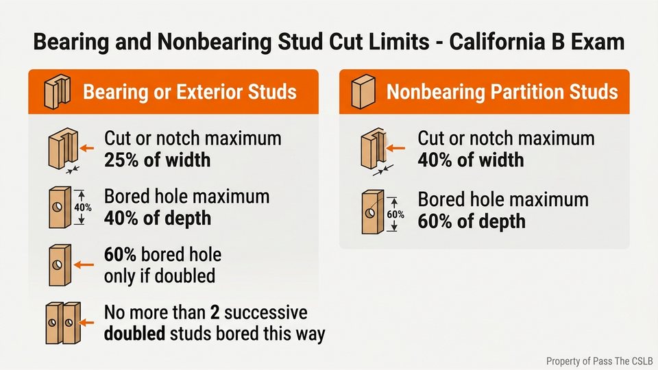 Bearing and Nonbearing Stud Cut Limits - California B Exam. Visual study chart for Recognizing Active Construction Defects in the Field in the Pass The CSLB audio lesson.