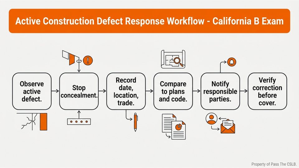 Active Construction Defect Response Workflow - California B Exam. Visual study chart for Recognizing Active Construction Defects in the Field in the Pass The CSLB audio lesson.