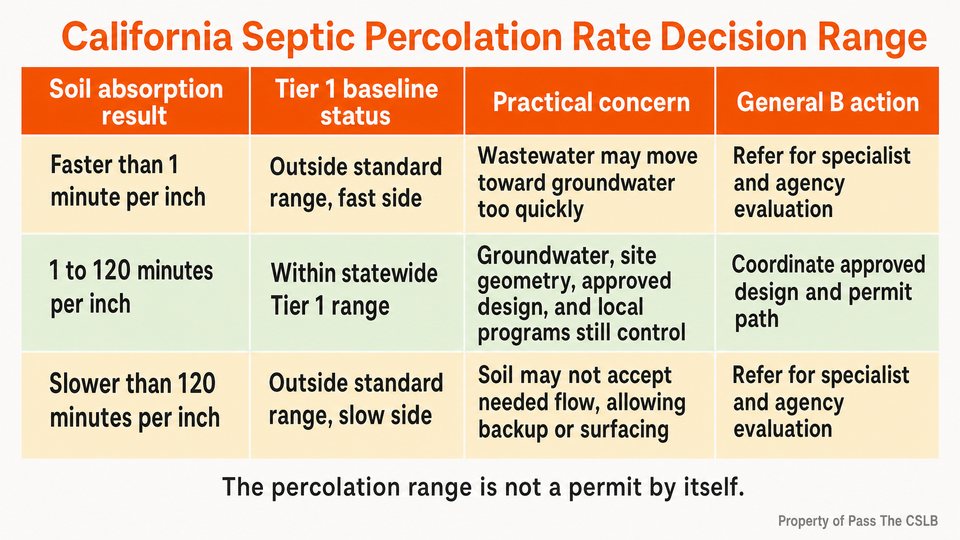 California Septic Percolation Rate Decision Range. A flat 1920 by 1080 reference table titled "California Septic Percolation Rate Decision Range." Use four columns labeled Soil absorption result, Tier 1 baseline status, Practical.