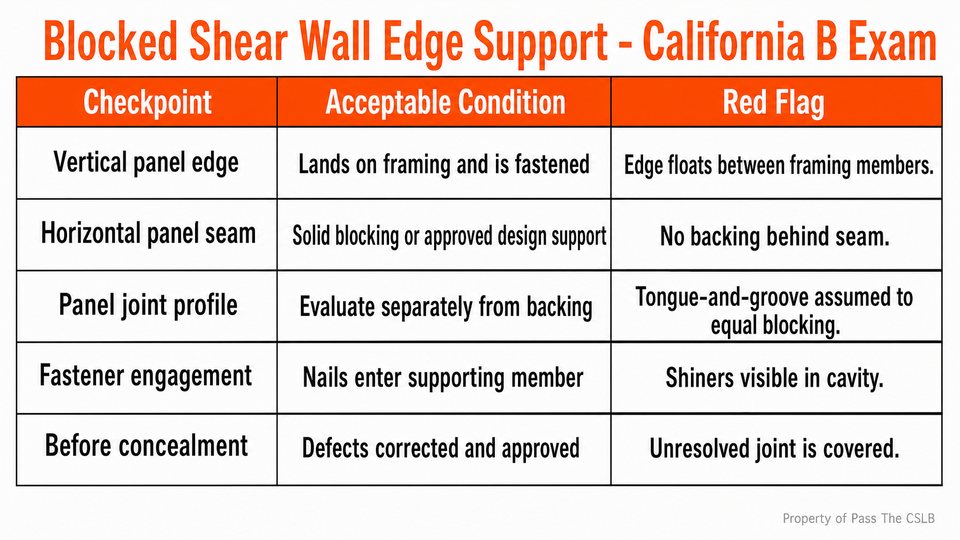 Blocked Shear Wall Edge Support - California B Exam. Visual study chart for Shear Panel Nailing, Overdriven Nails, and Edge Blocking in the Pass The CSLB audio lesson.