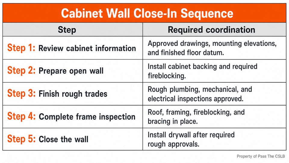 Cabinet Wall Close-In Sequence for California B Exam. A five-row sequence table showing the coordinated path from cabinet information to drywall. Columns are Step and Required coordination.