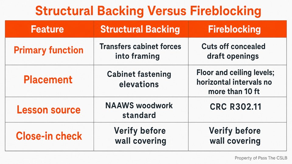 Structural Backing Versus Fireblocking for California B Exam. A four-row comparison table that distinguishes cabinet structural backing from wall fireblocking. Columns are Feature, Structural Backing, and Fireblocking.