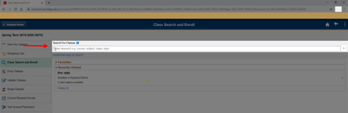 Screen Capture. Class Search and Enroll page.