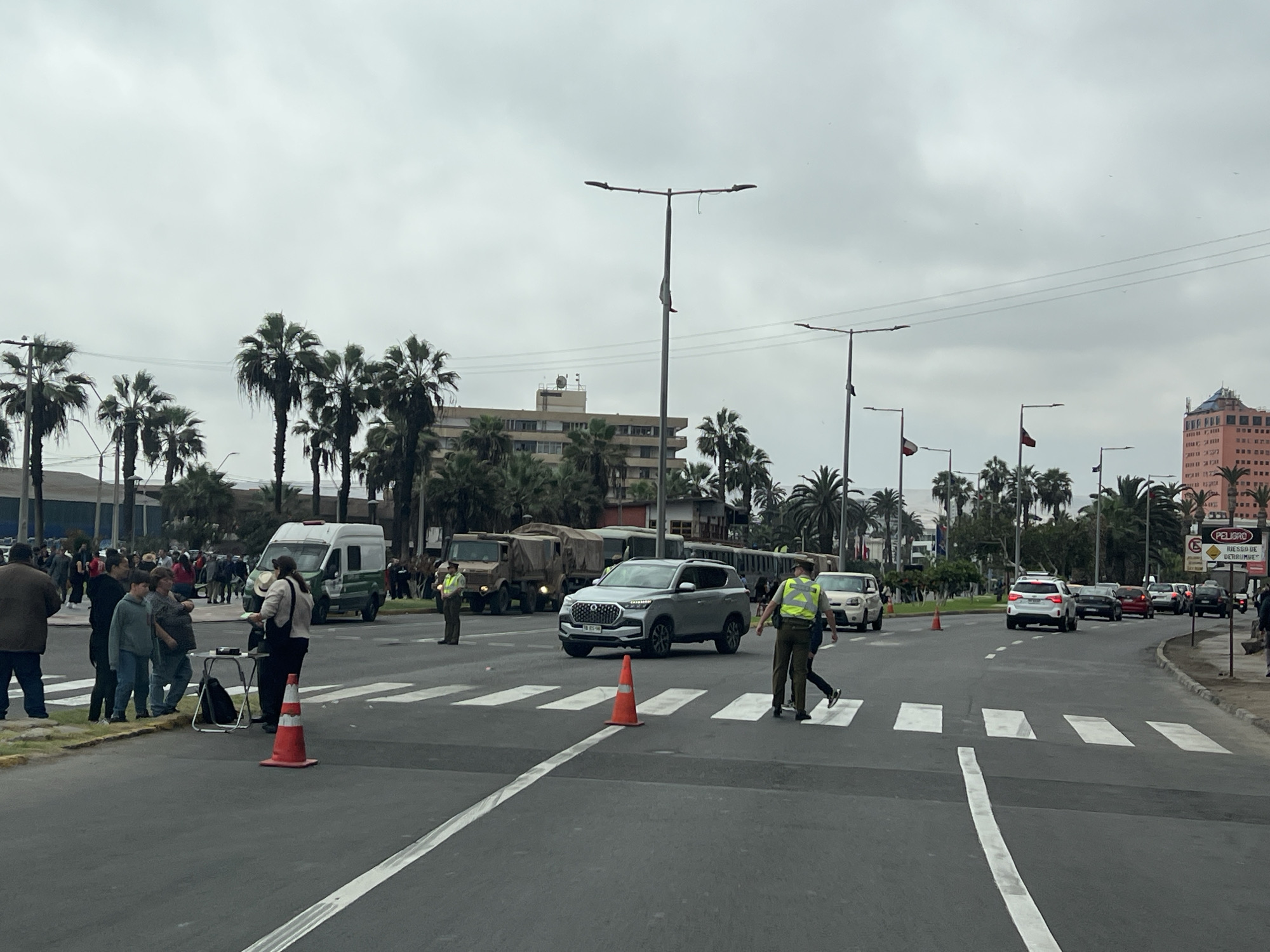 Military presence and civic activity in downtown Arica, Chile