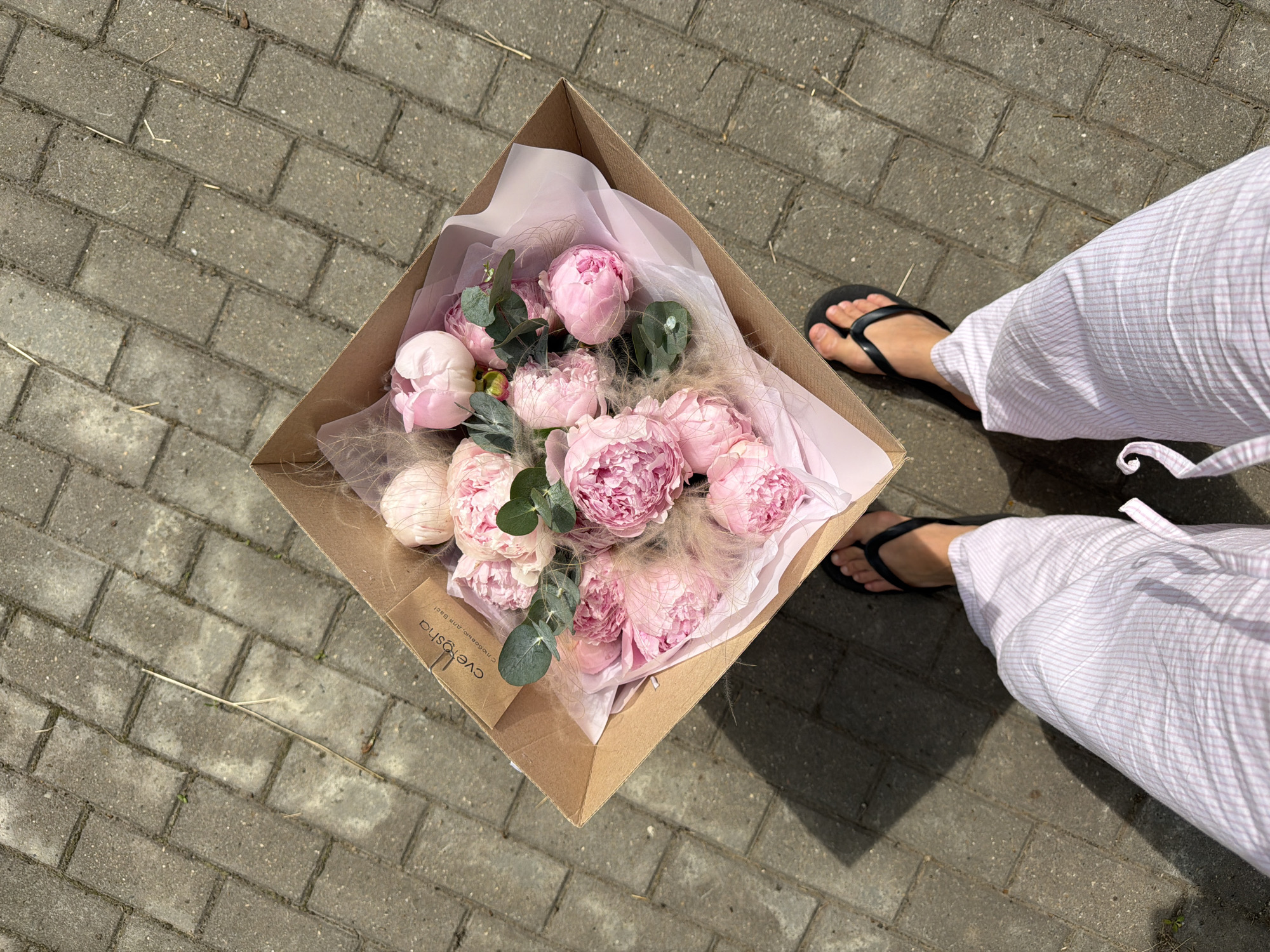 Pink peony bouquet delivered in cardboard box, Satino-Russkoe