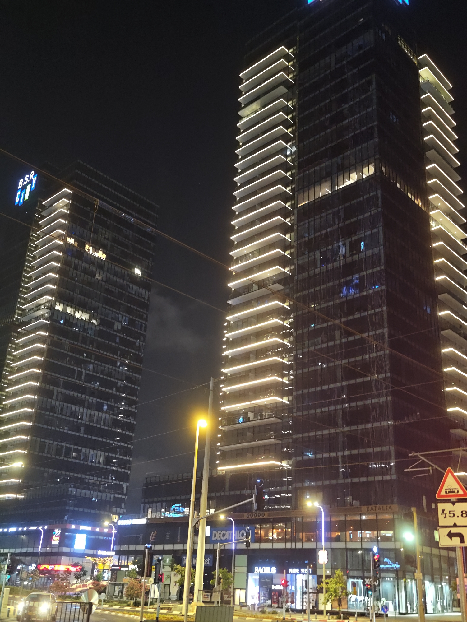 BSR Towers lit up at night in Petah Tikva
