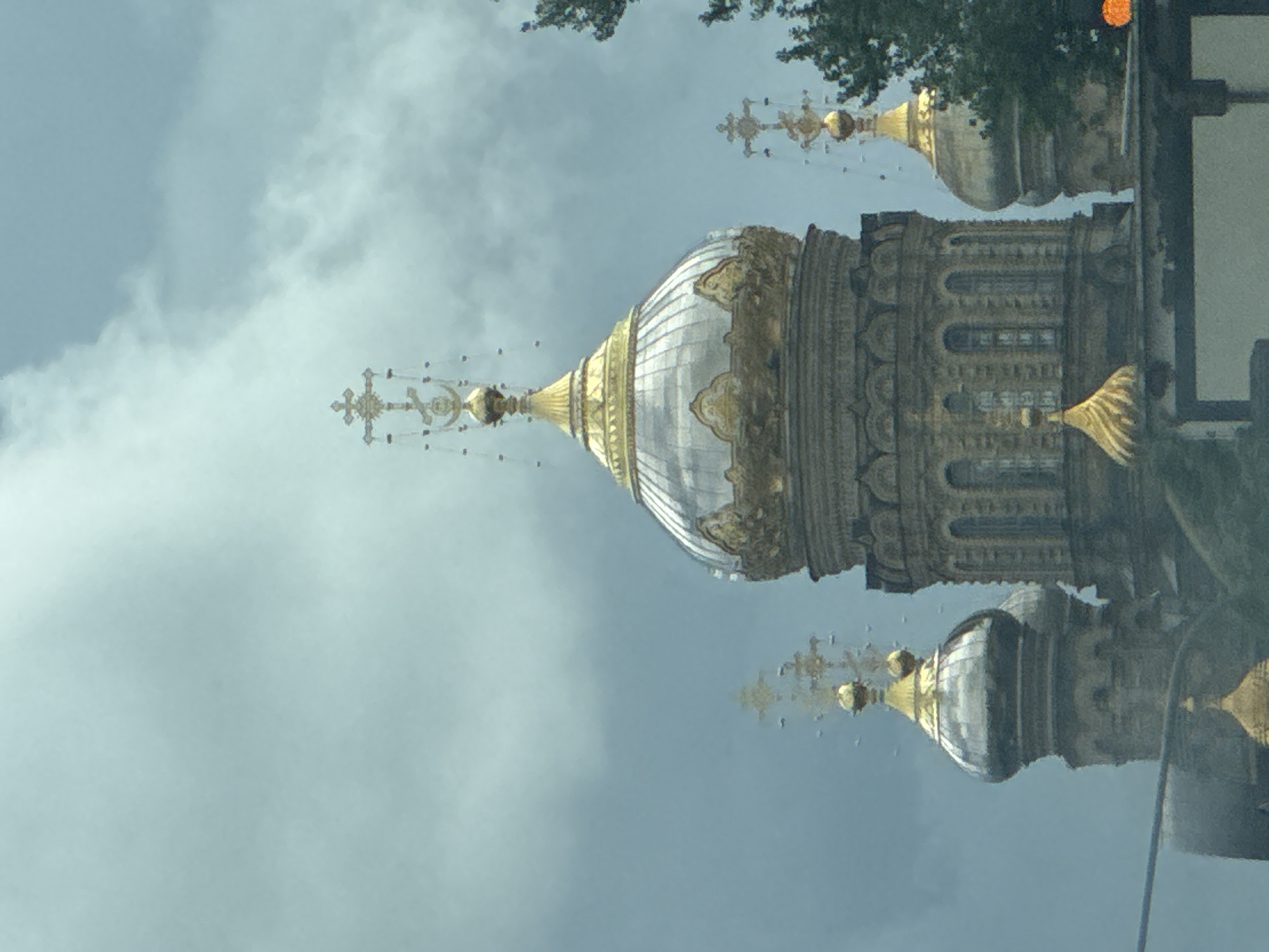 Orthodox domes and city streets on a grey St. Petersburg afternoon