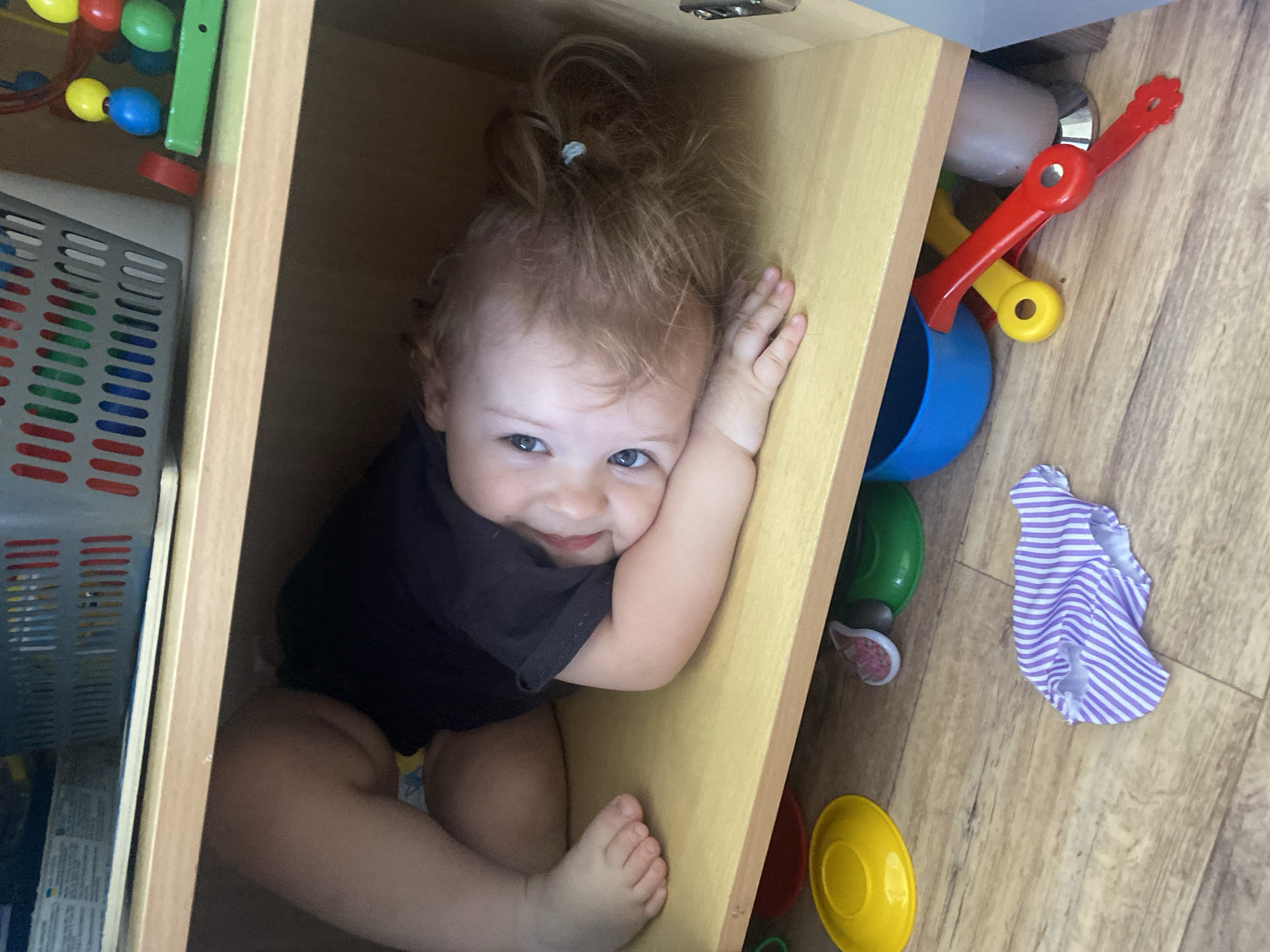 Toddler and small dog play together in home cabinet