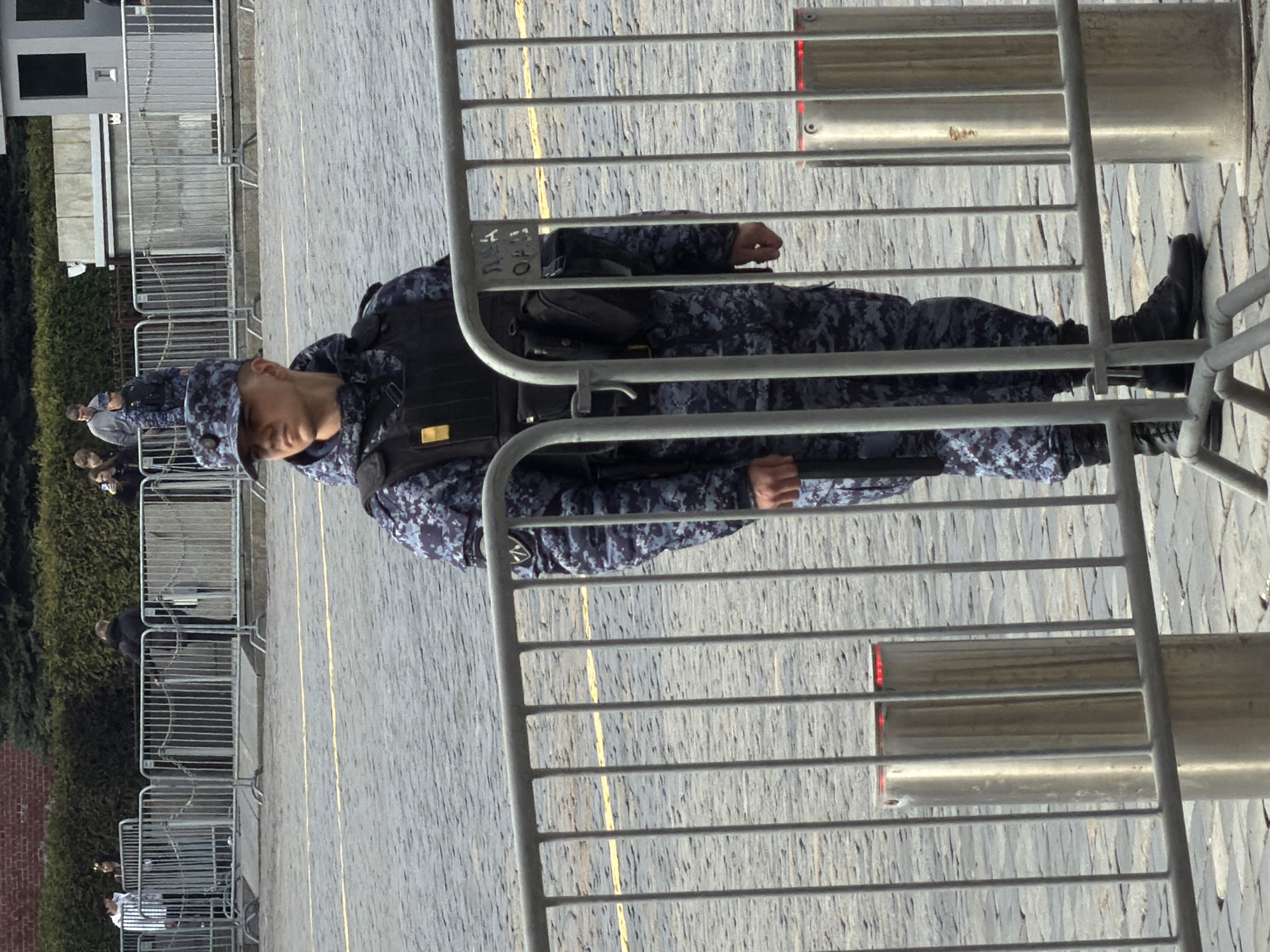 Security guard maintains barricaded perimeter in Moscow