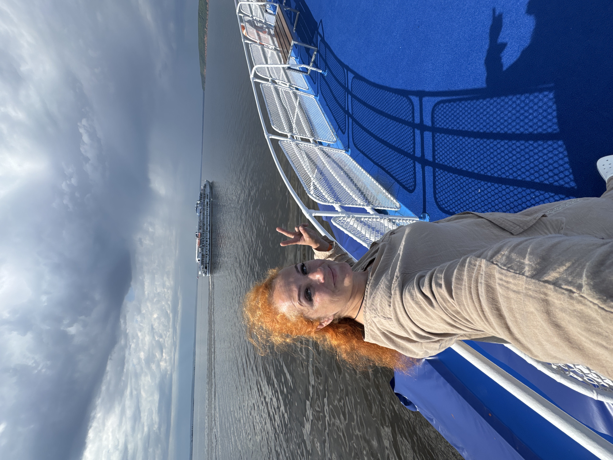 Selfie on a calm river deck near Guliukovo, Russia