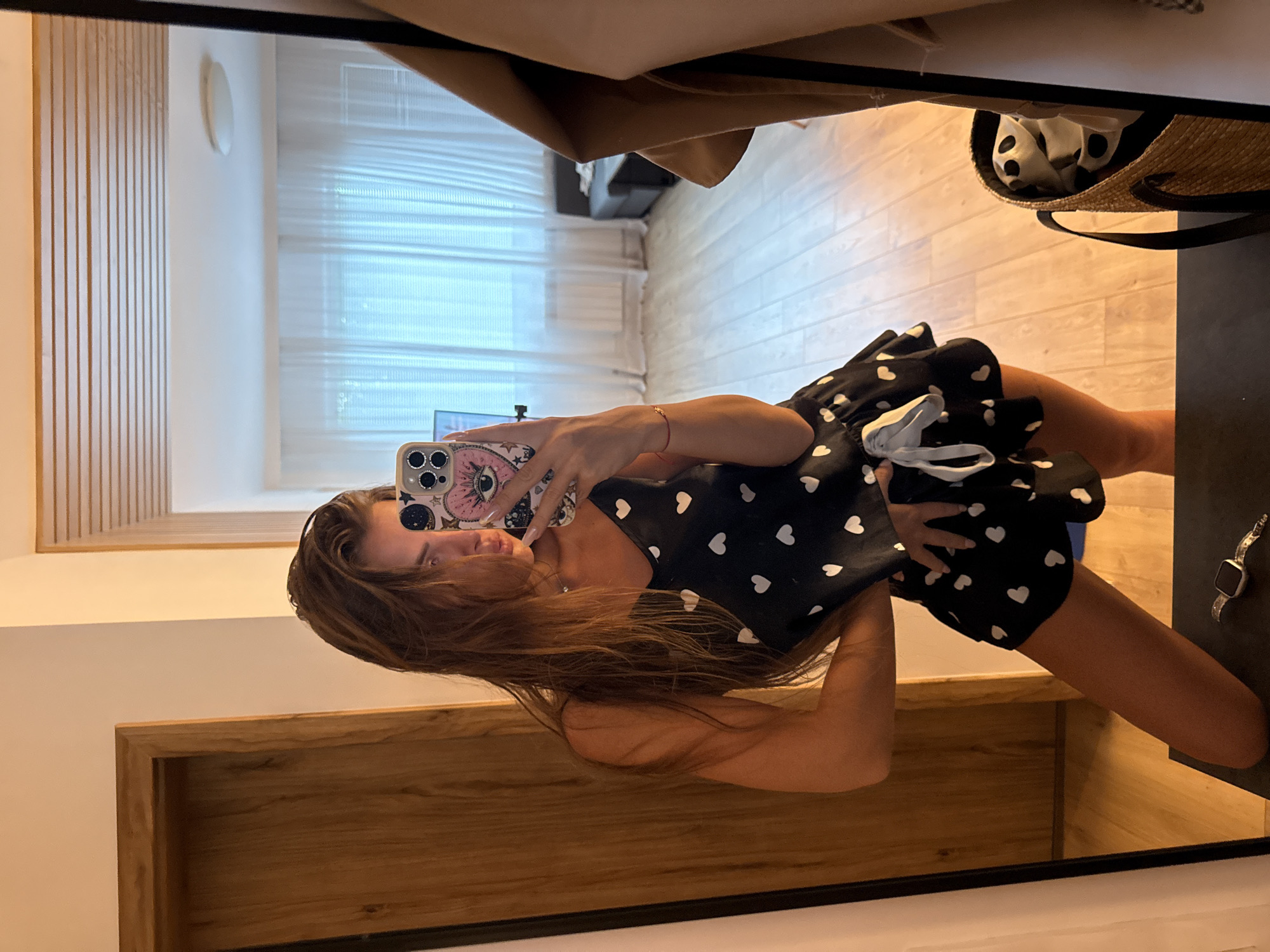 Mirror selfie series in black heart-print pajamas, Plovdiv