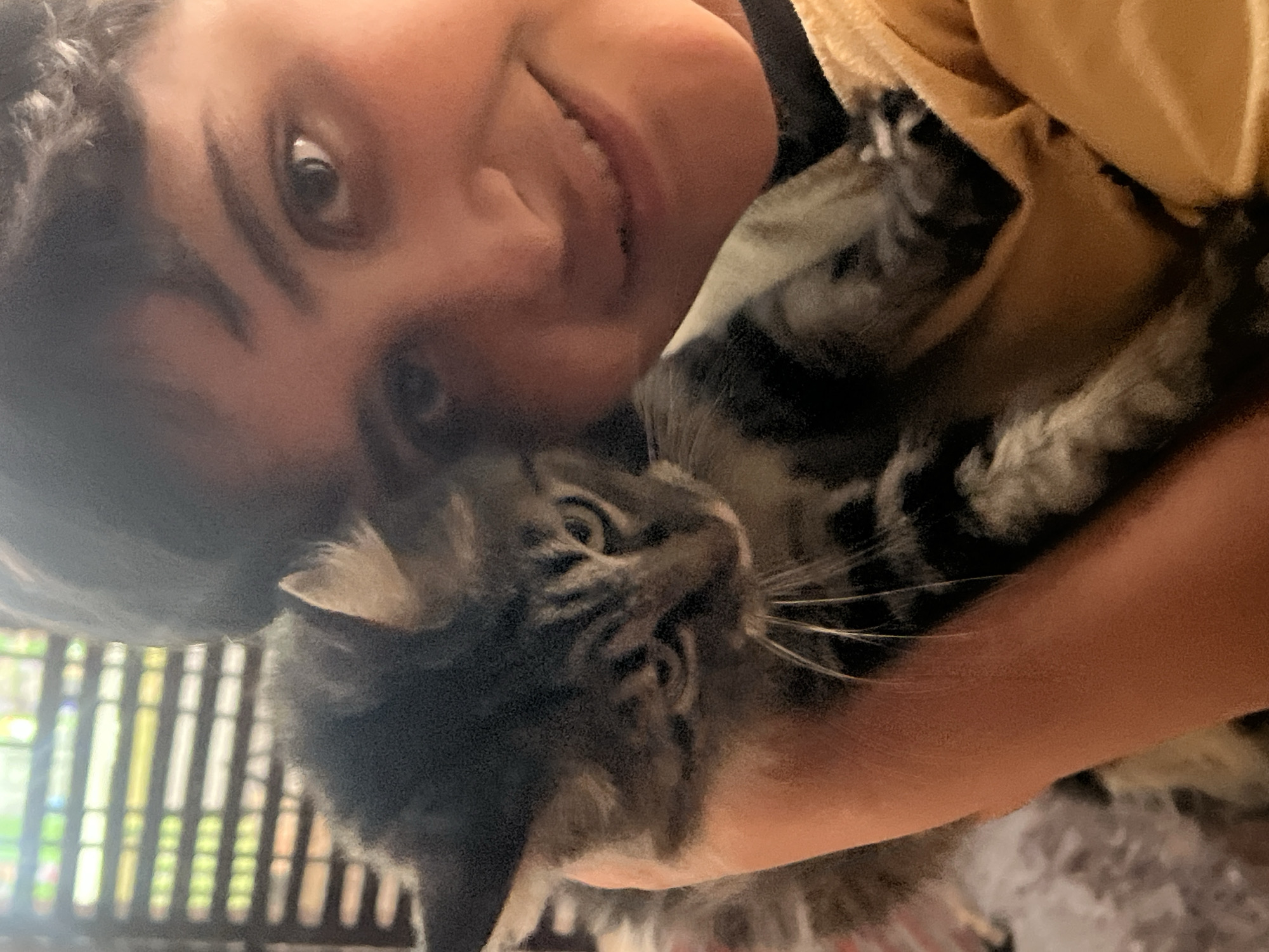 Person photographed with tabby cat in Arica, Chile