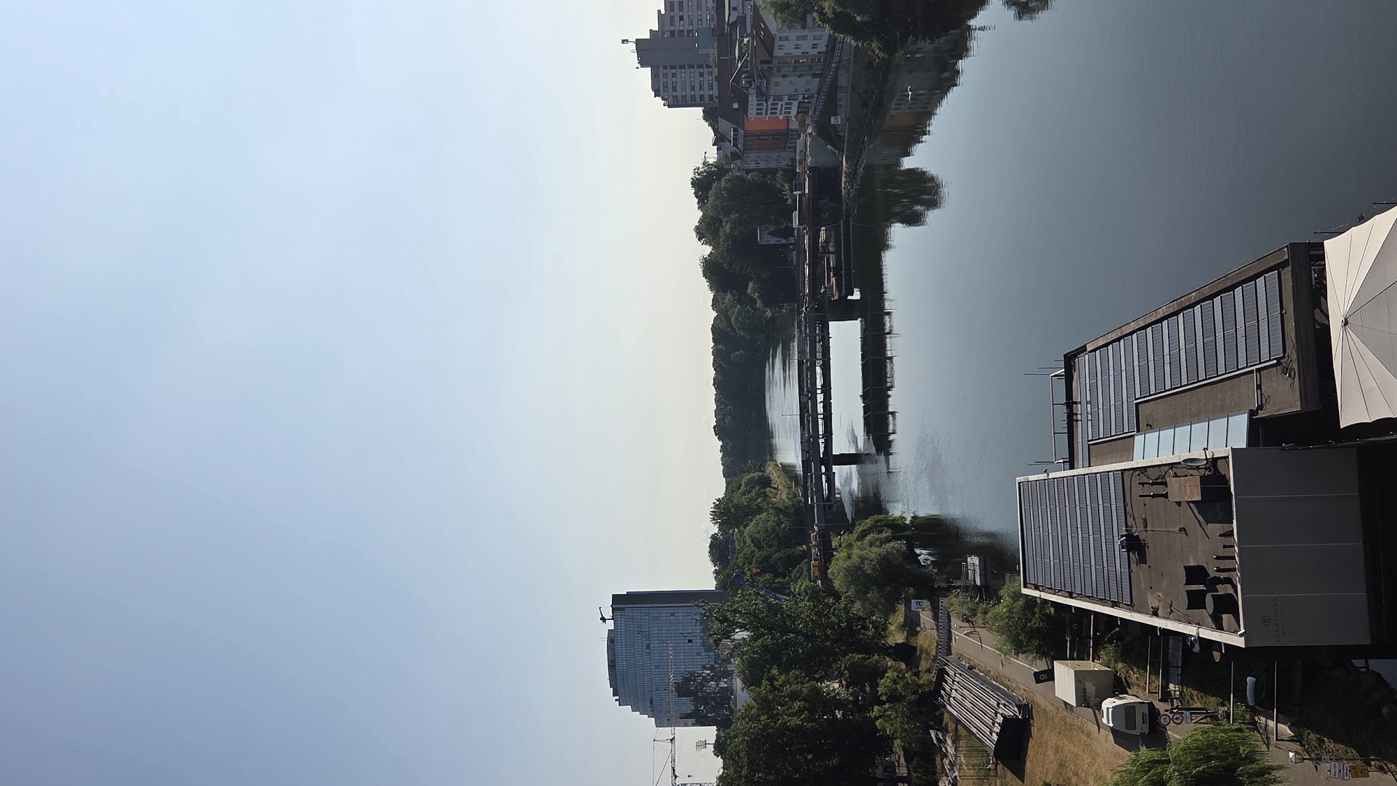 Ulm's riverfront, public art, and wildlife on a July morning