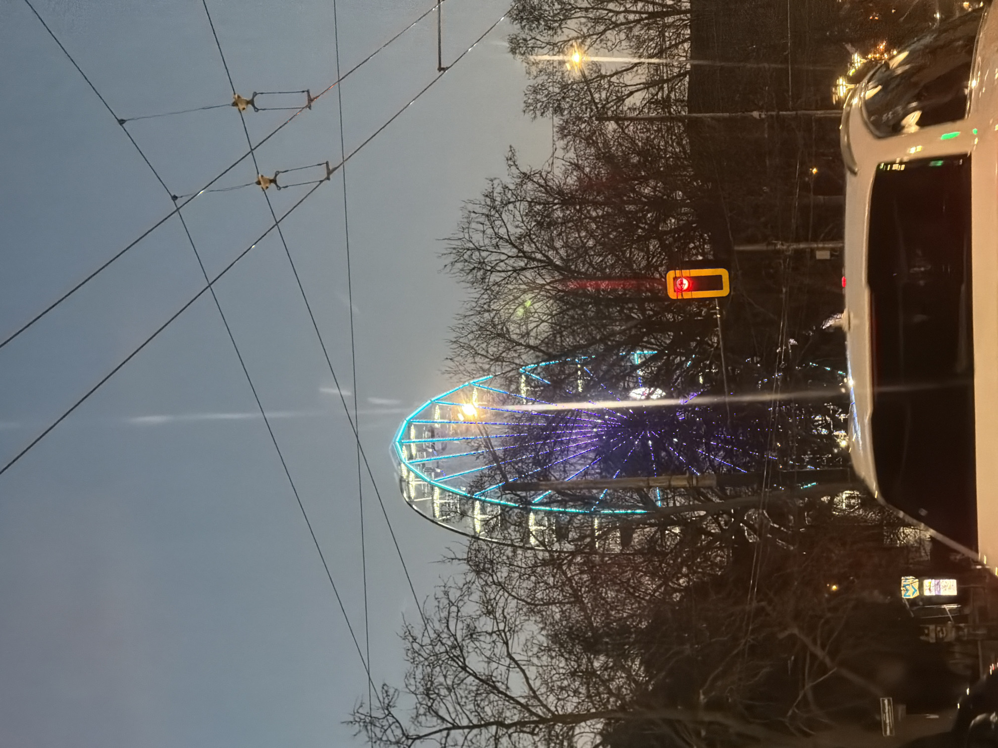 Illuminated Ferris wheel lights up Sofia skyline at night