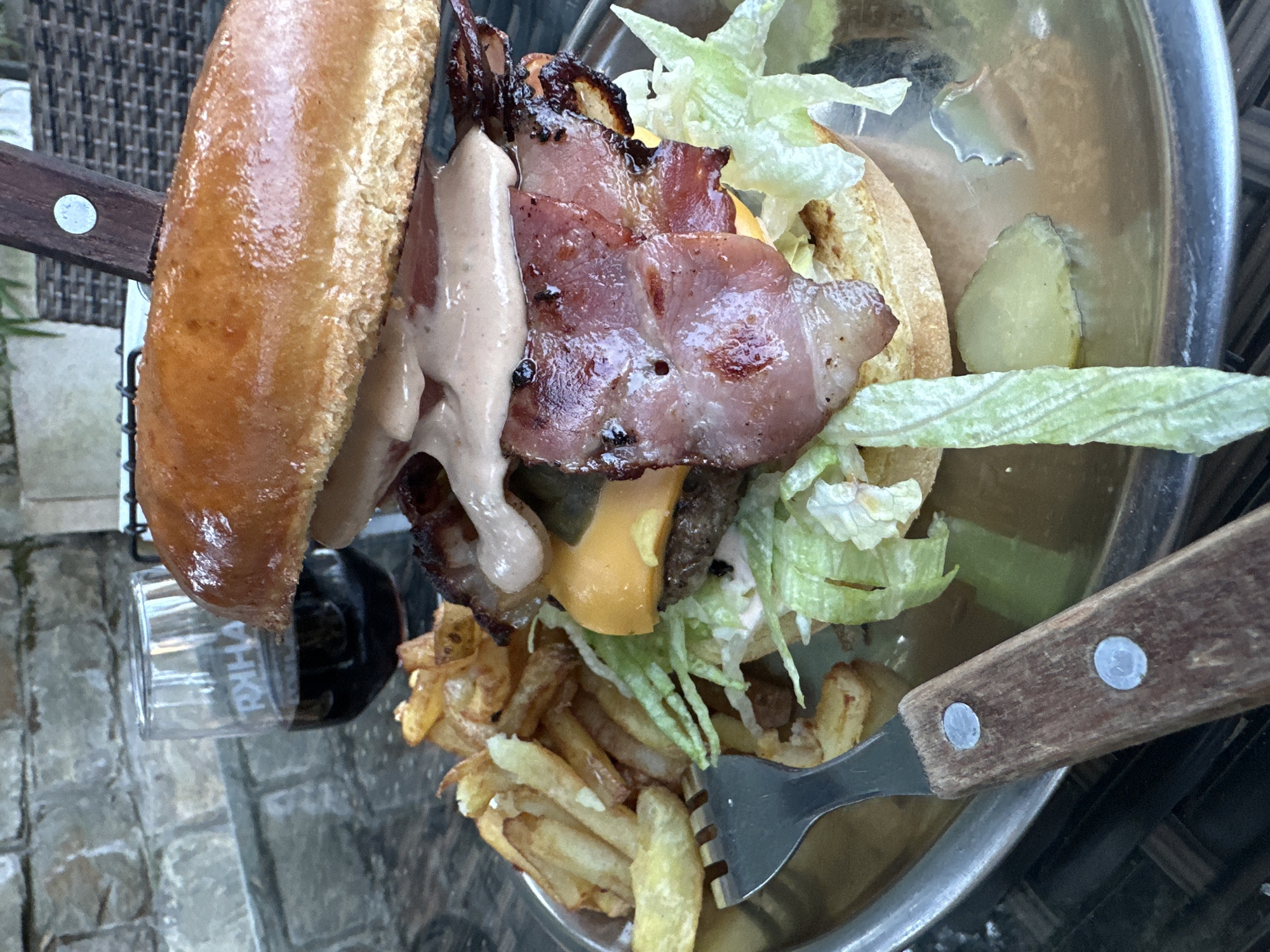 Outdoor burger meal photographed in Bankya, Bulgaria